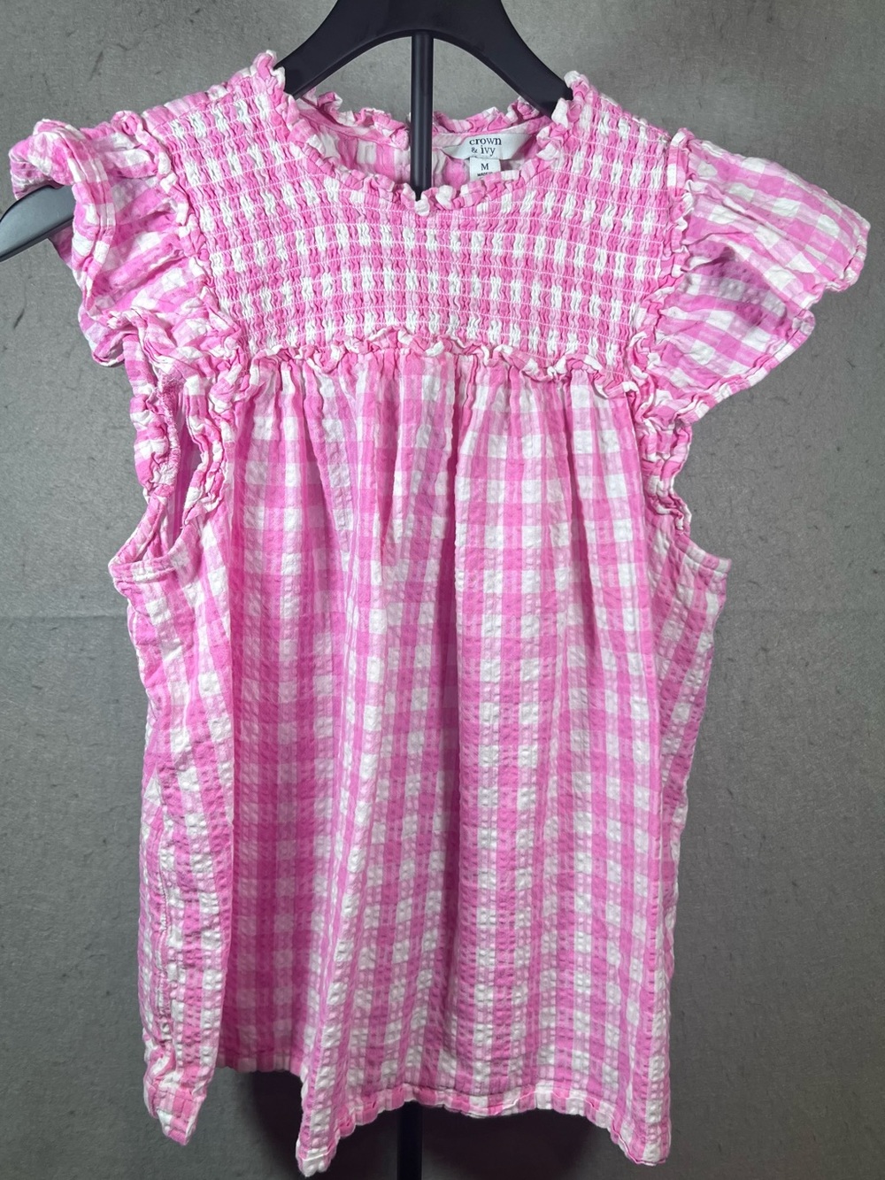 Crown & Ivy Women’s Smocked Ruffle Top Pink Check M